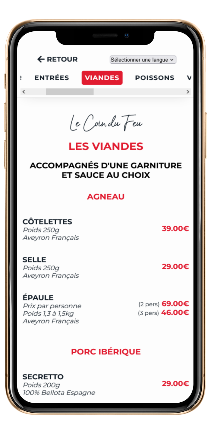 Détail d'une catégorie du menu